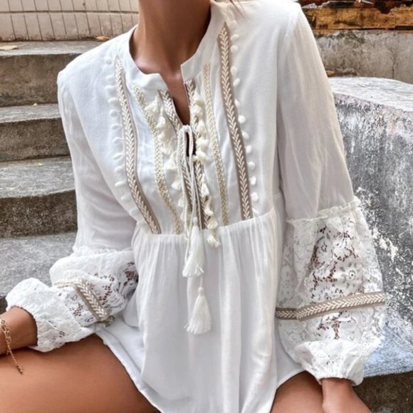 Boho Tassel & lace Detail Peplum Blouse - Picture 6 of 6